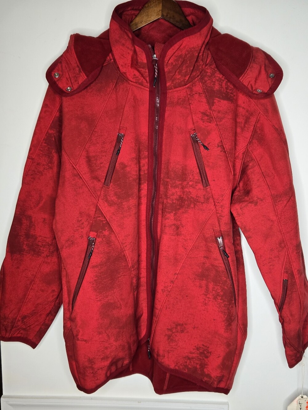 NWT Free People Red Oversized Bomber Jacket Textured Print Removable Hood Zip S